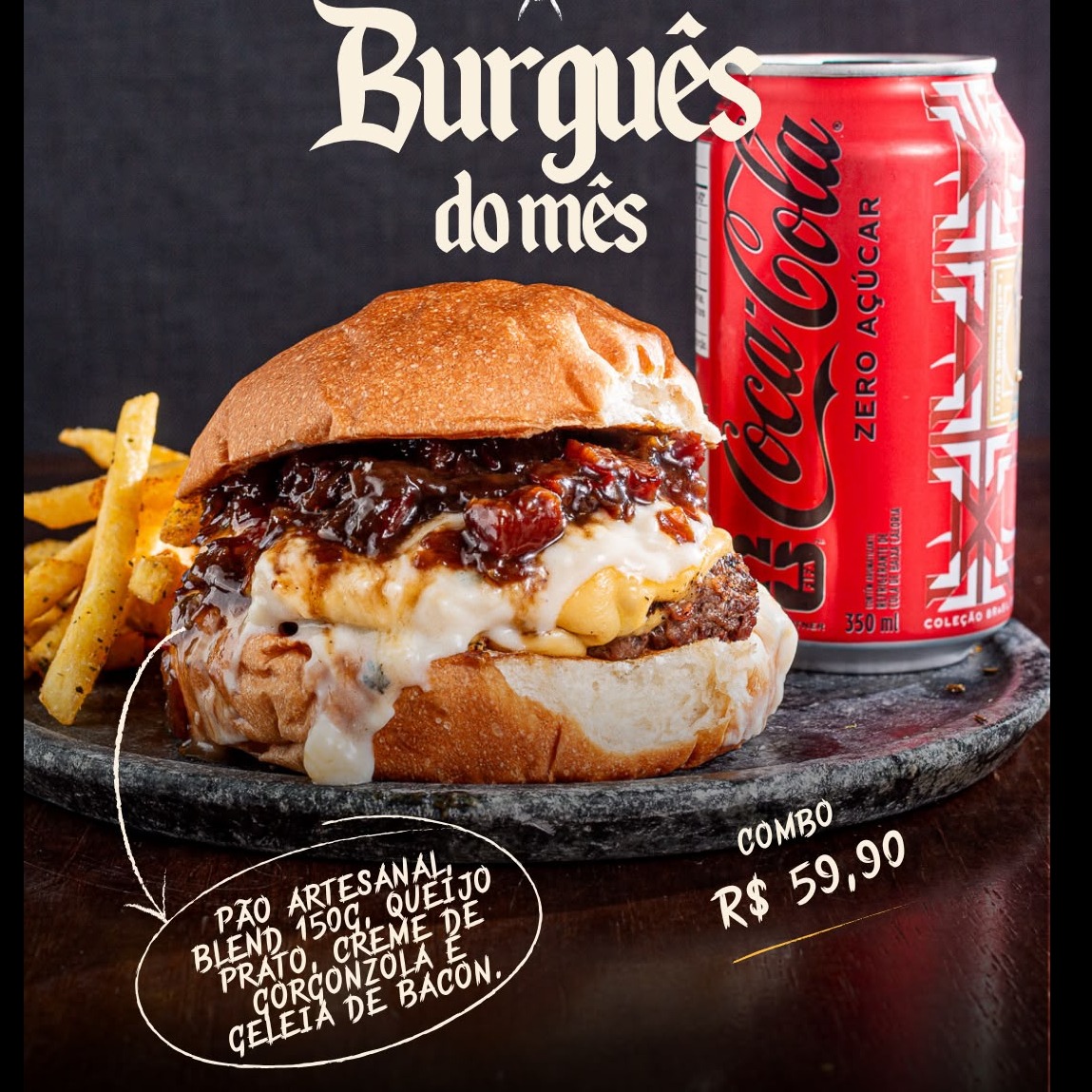 Burguês de JULHO + FRITAS P (120g) + REFRI