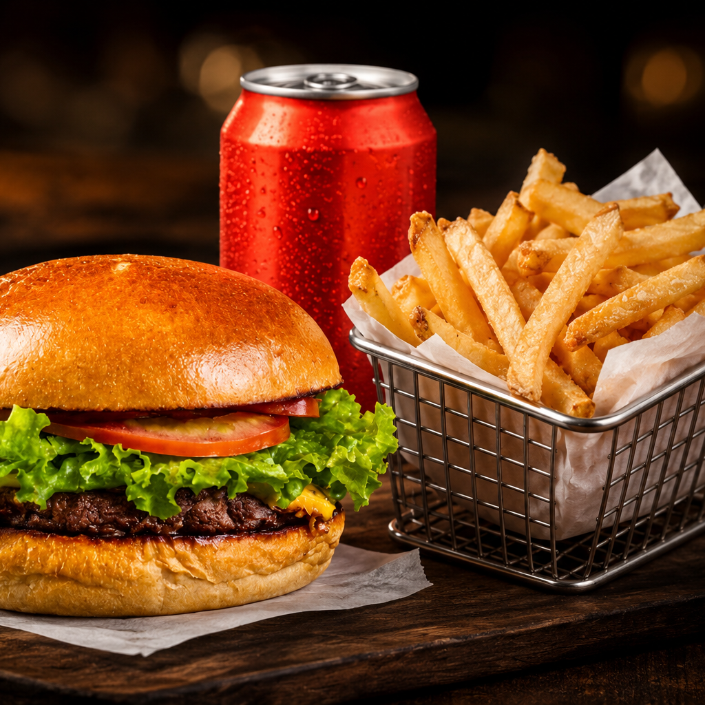 Hamburgo + Fritas Crispy Individual 150gr + Coca Cola  Lata350ml