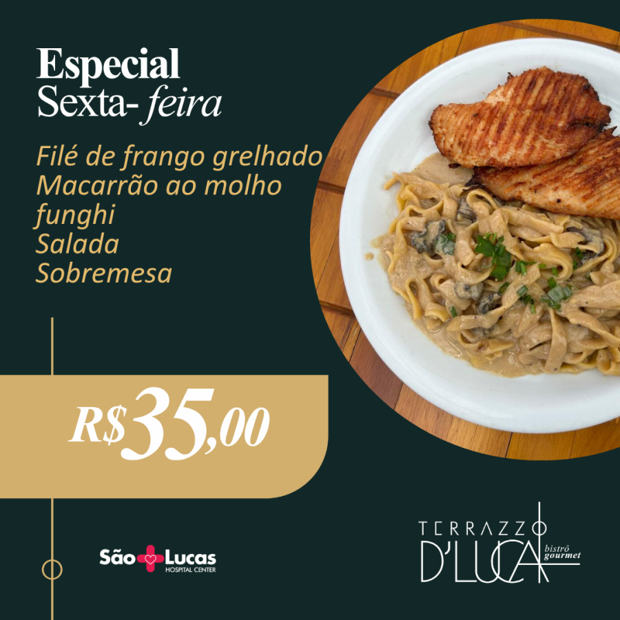 Especial do dia, filé de frango grelhado com macarrão ao molho funghi