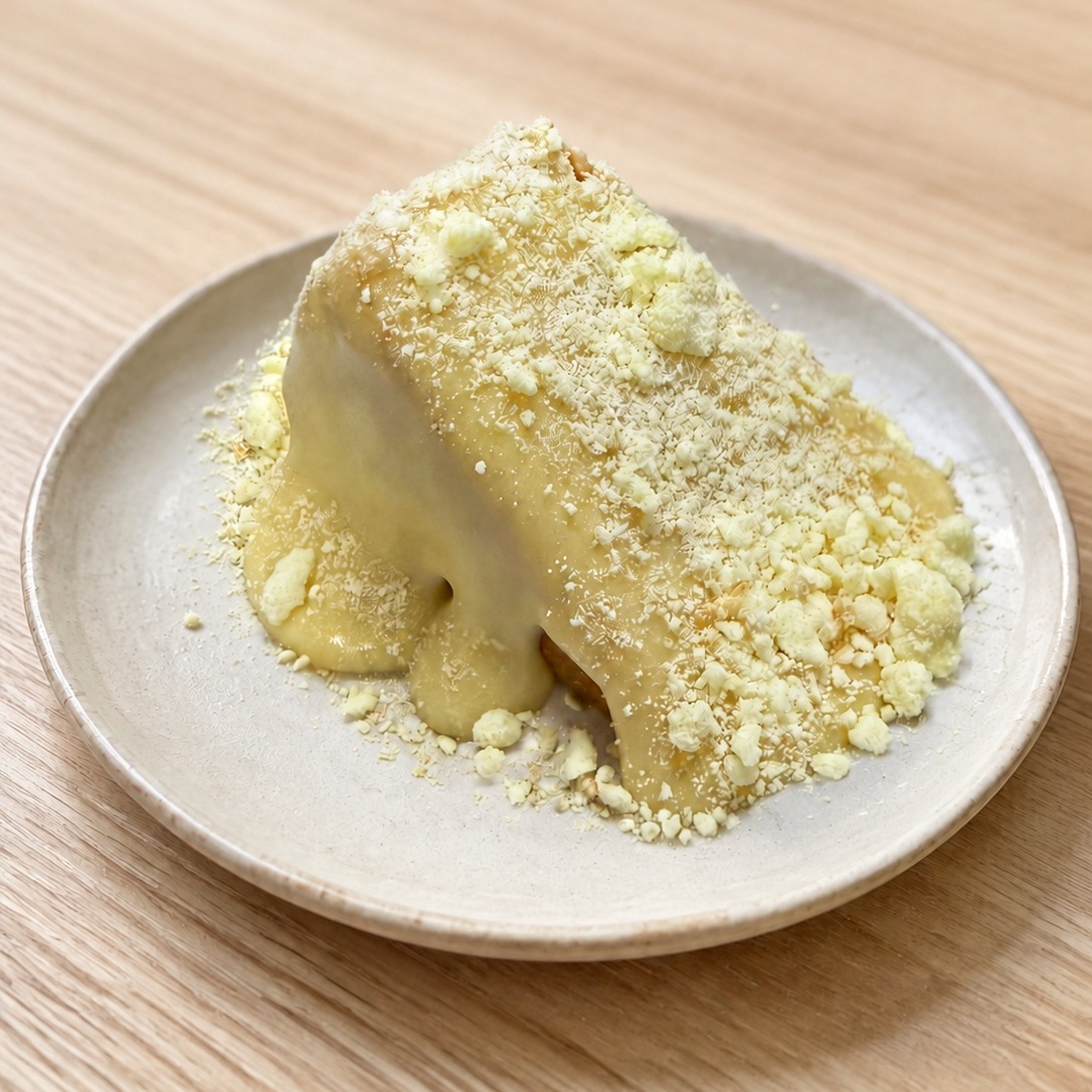 Fatia de Bolo da Avó coberta com leite Ninho cremoso Sweets