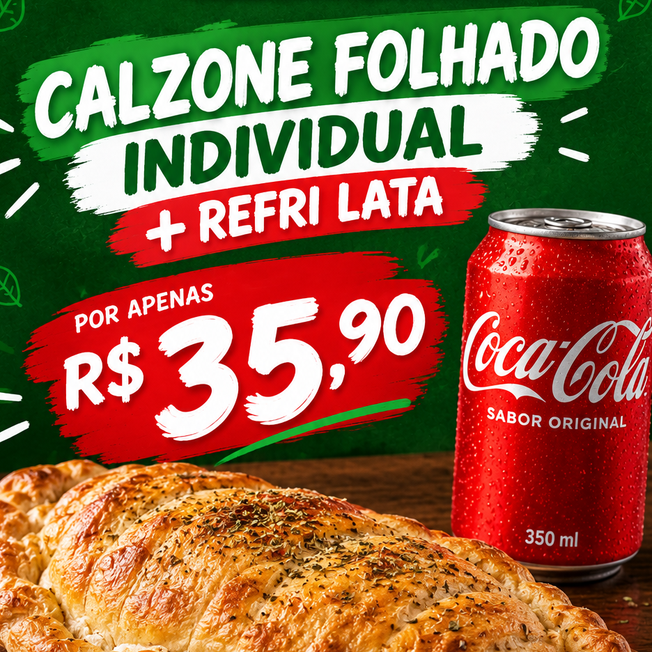 Calzone folhado individual + refri lata 