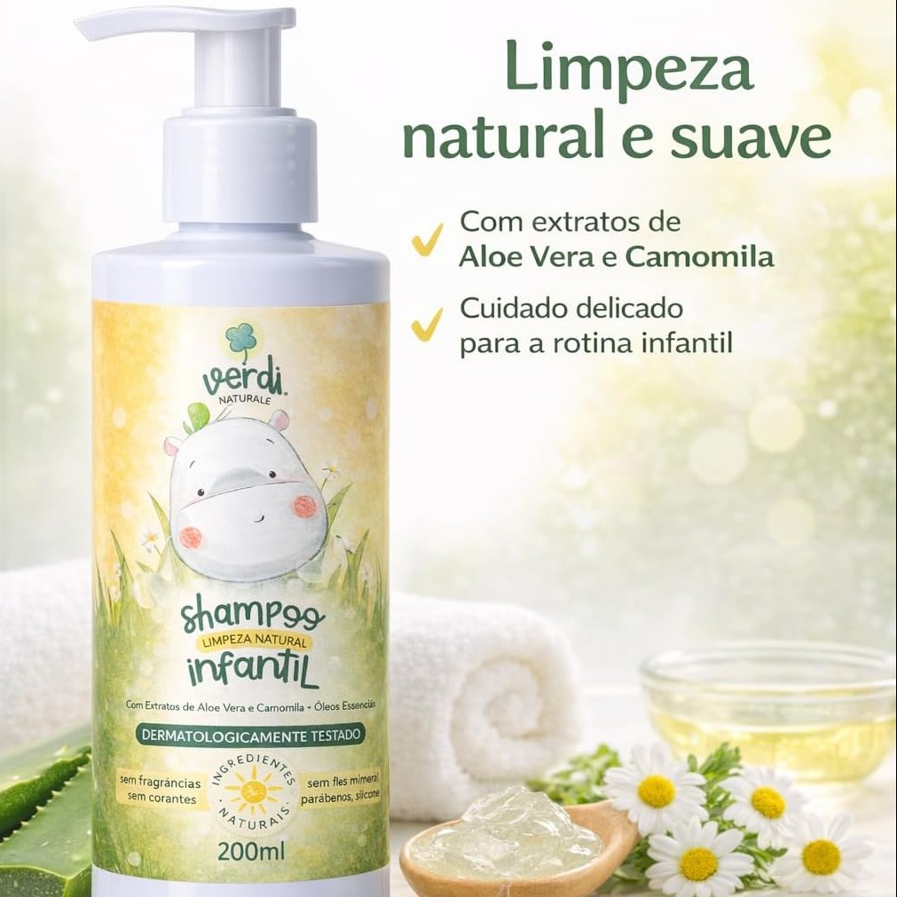 Shampoo Infantil 100% Natural com Extratos de Aloe Vera e Camomila + Óleos Essenciais - 200 ml