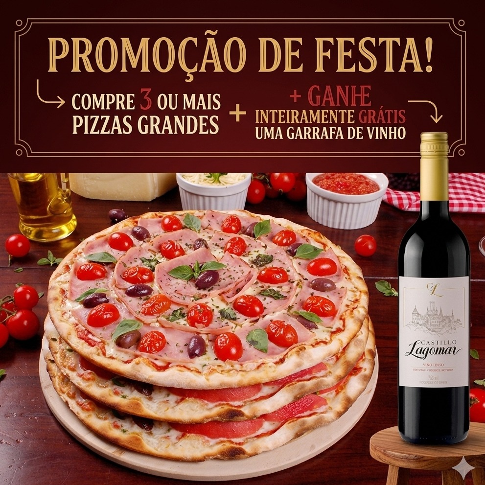 NA COMPRA DE TRÊS PIZZAS GRANDES GANHE UMA GARRAFA DE VINHO COMO CORTESIA
