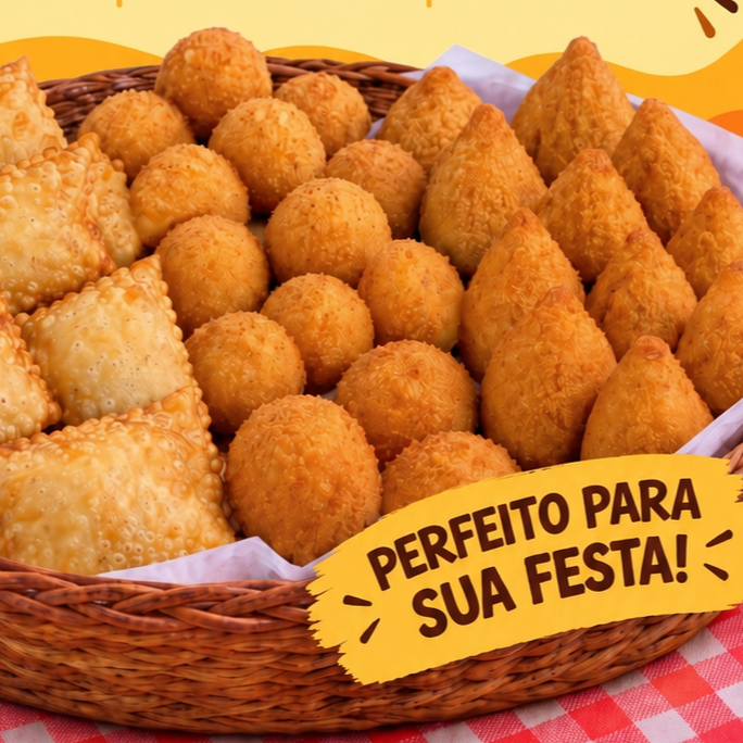 Combo 50 Salgadinhos: 20 Pasteizinhos de Carne + 10 Bolinhas de Queijo + 20 Mini Coxinhas de Frango