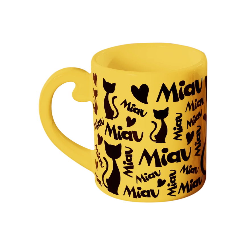 Caneca Miau Amarela e Branca 