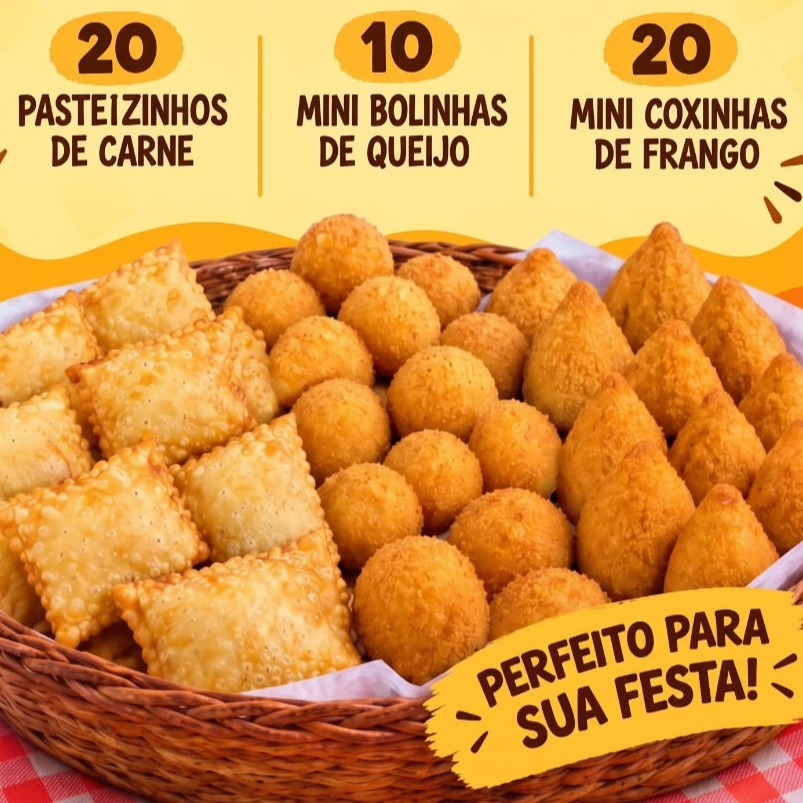 Combo 50 Salgadinhos: 20 Pasteizinhos de Carne + 20  Mini Coxinha de Frango + 10 Mini Bolinha de Queijo