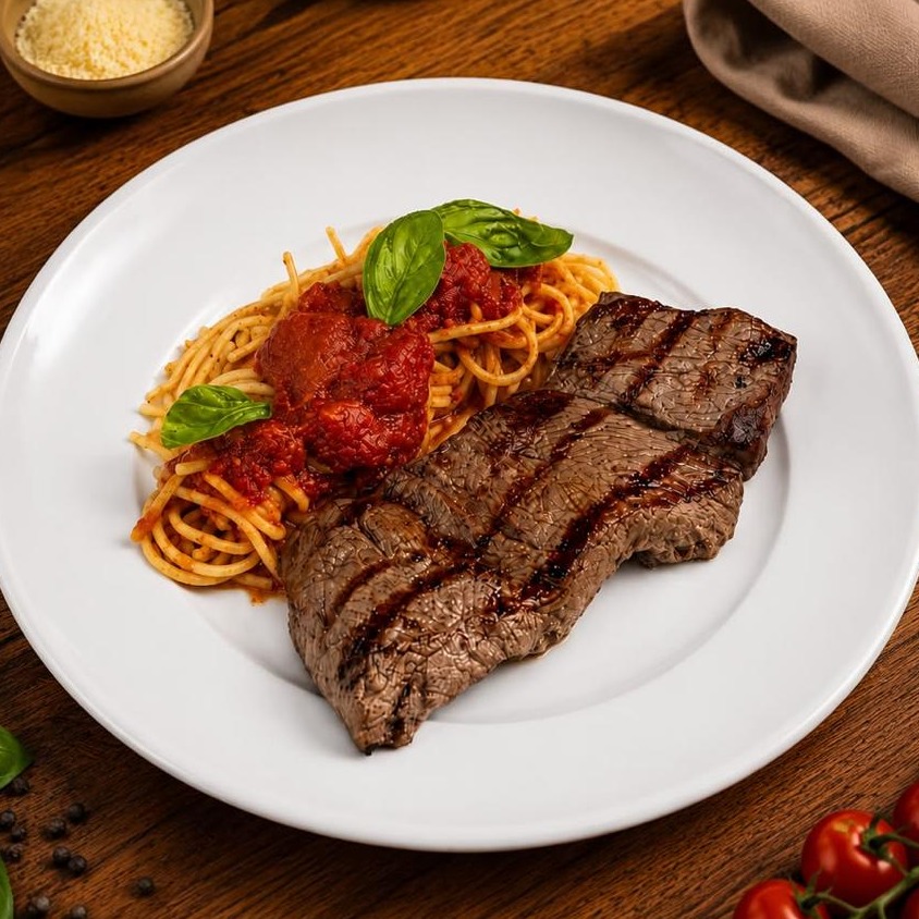 Carne Grelhada e Massa Artesanal Executiva - Serve 1 pessoa