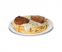 Spaguette quatro formaggi com escolapes de mignon