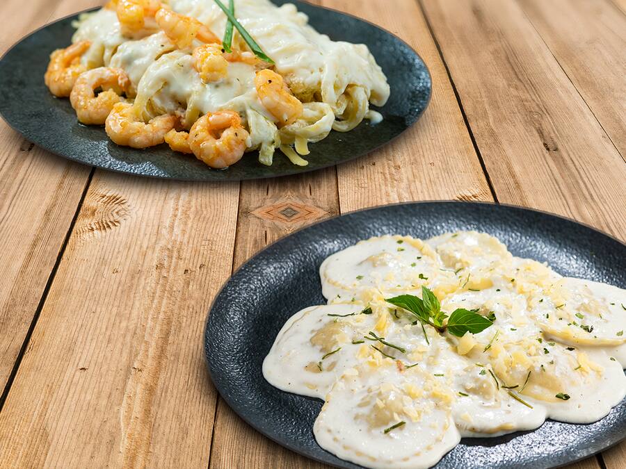 Linguine com Camarões à Moda Original + Ravioli de Ricota
