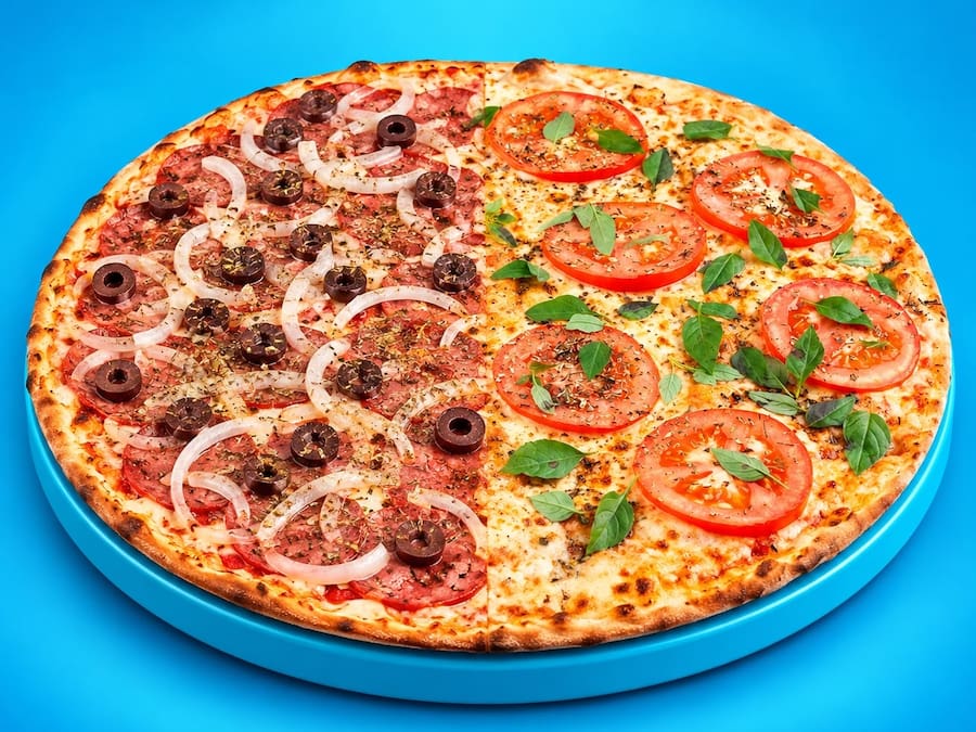 Pizza 35cm (8 fatias): 1/2 Marguerita + 1/2 Calabresa