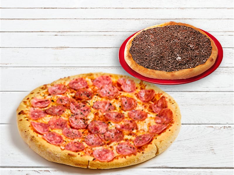 Pizza média + brotinho de Ovomaltine ou Brigadeiro